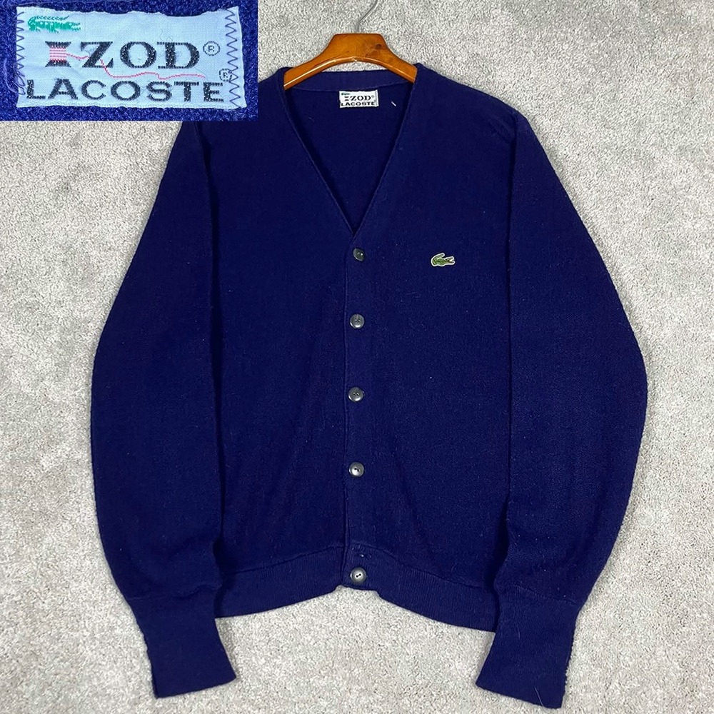 Vtg 80s IZOD LACOSTE Navy Orlon Knit Croc Logo Button-Down Sweater Cardigan M